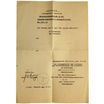 WW2 period copy of certificate of service upgrade from Feldwebel to Lieutenant. Espenlaub militaria
